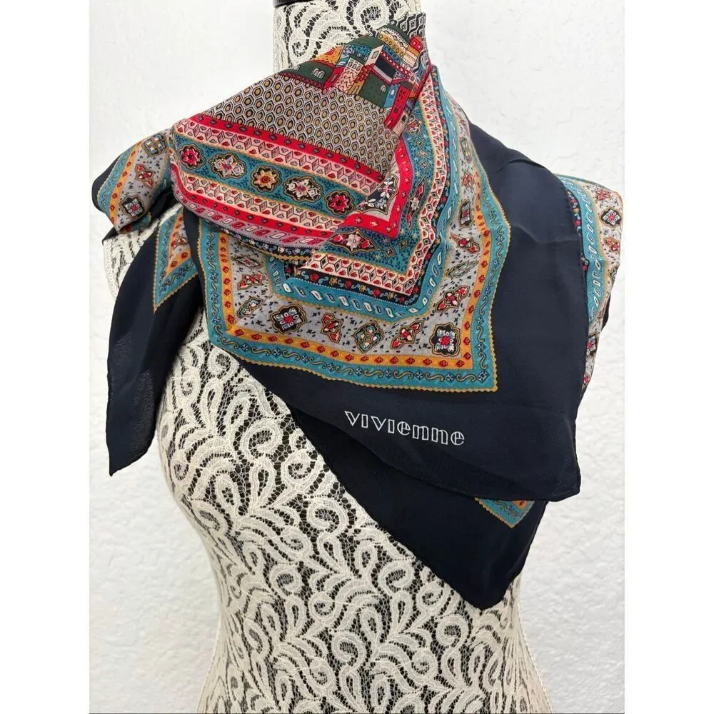 Vintage Vivienne Scenic Silk-Feel Scarf 34” x 34” Blue Cityscape Print Square - Picture 4 of 10